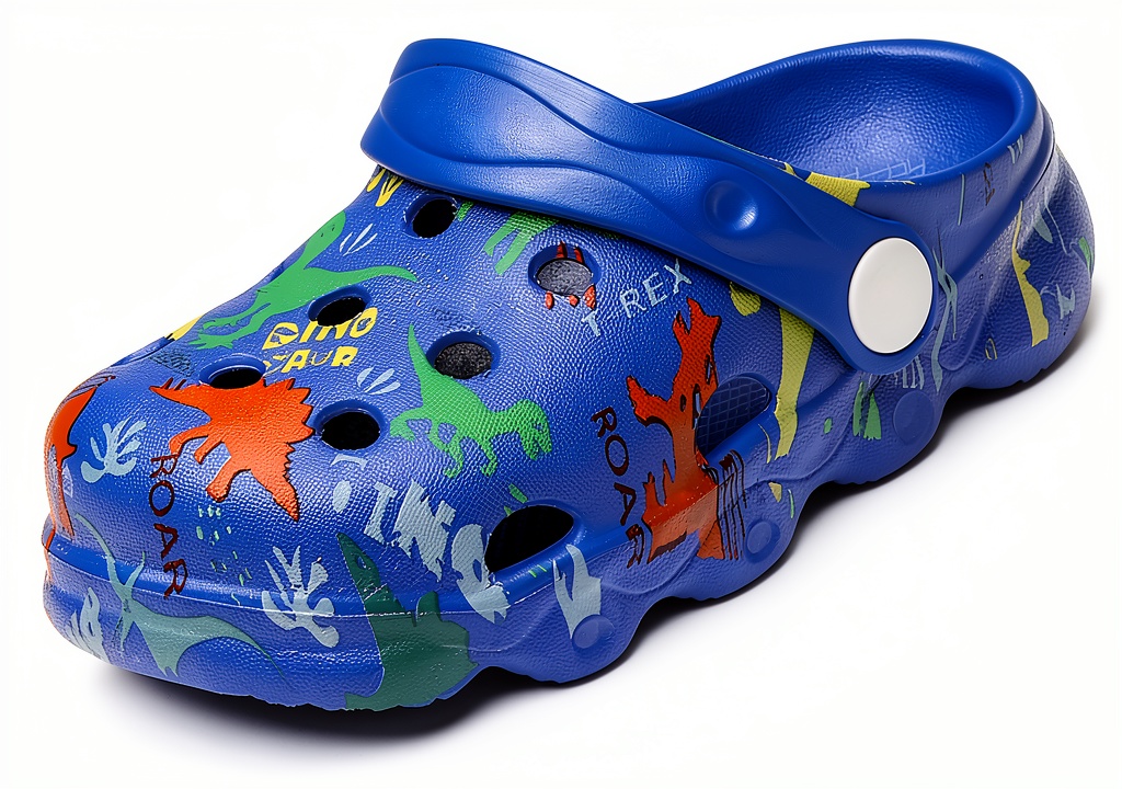 DinoKids breathable non slip summer sandal clogs displayed on a sunny beach backdrop