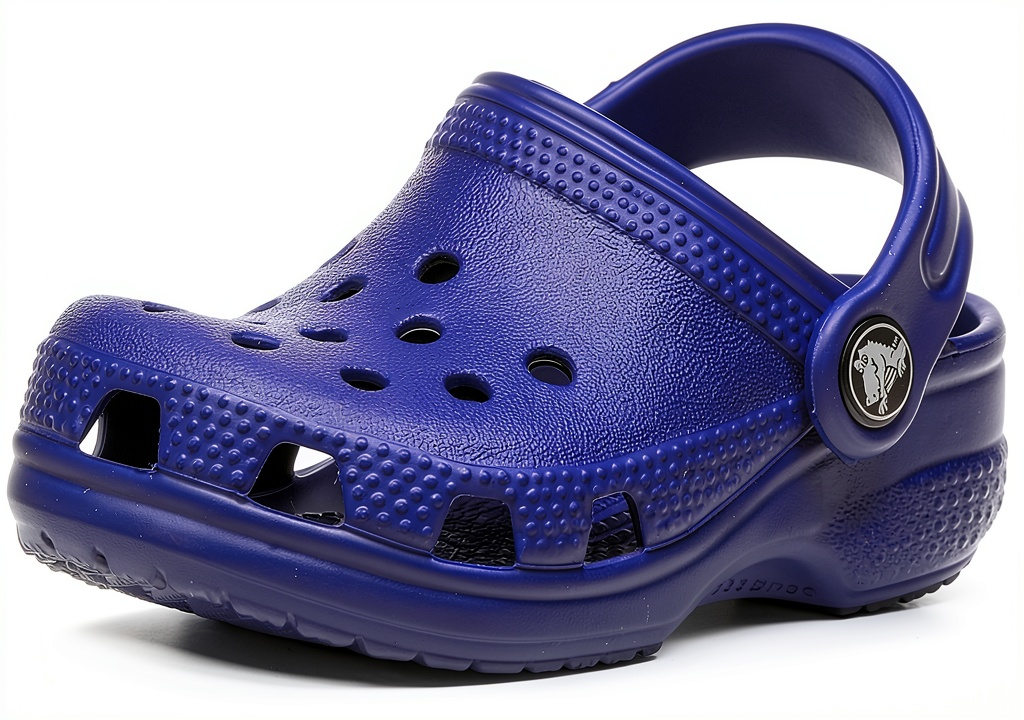 Installing Crocs Classic Clogs for Kids, 2-3 Infant, Cerulean Blue on a wooden floor